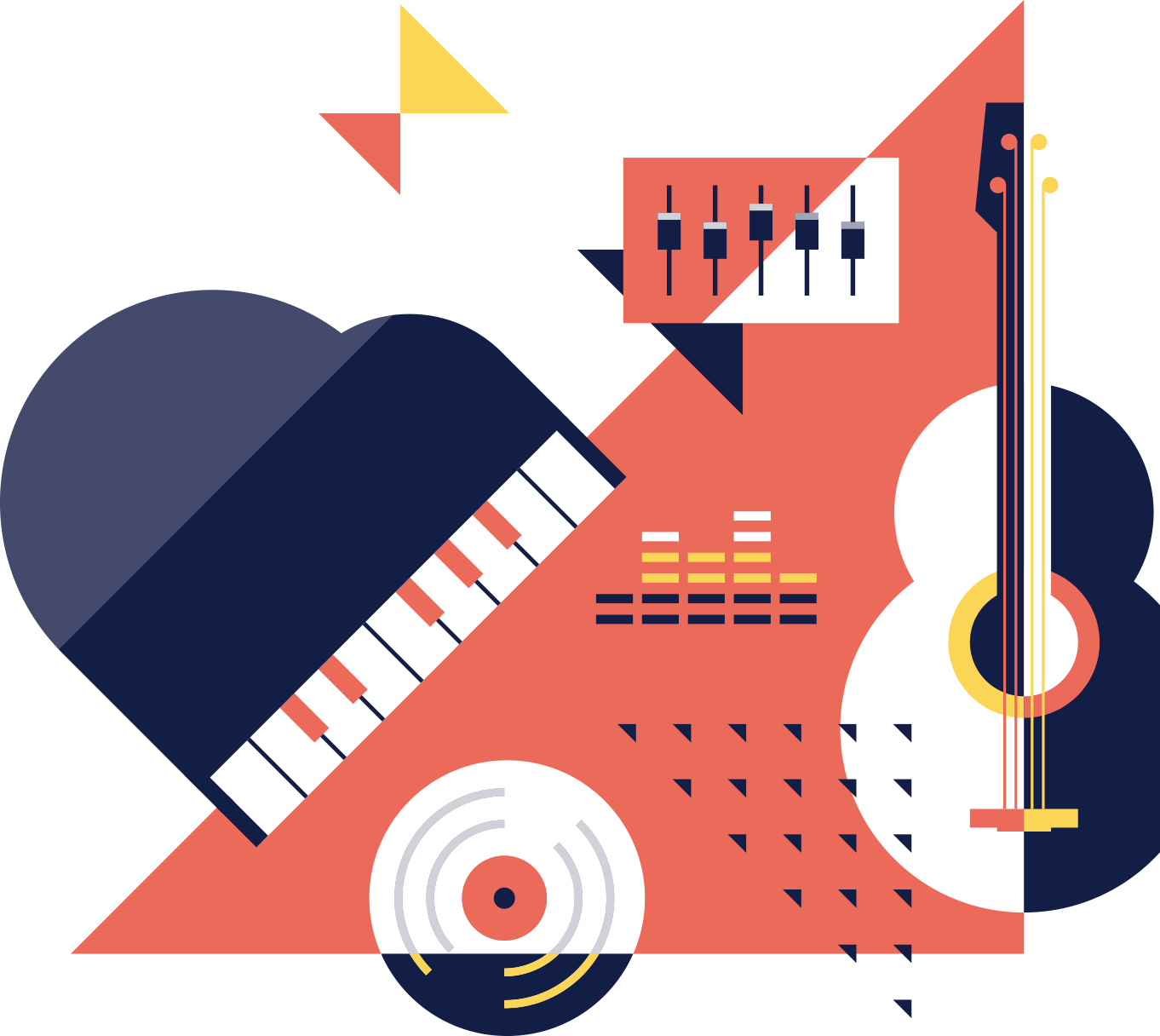 decorative image with mixer, piano, guitar, and vinyl record